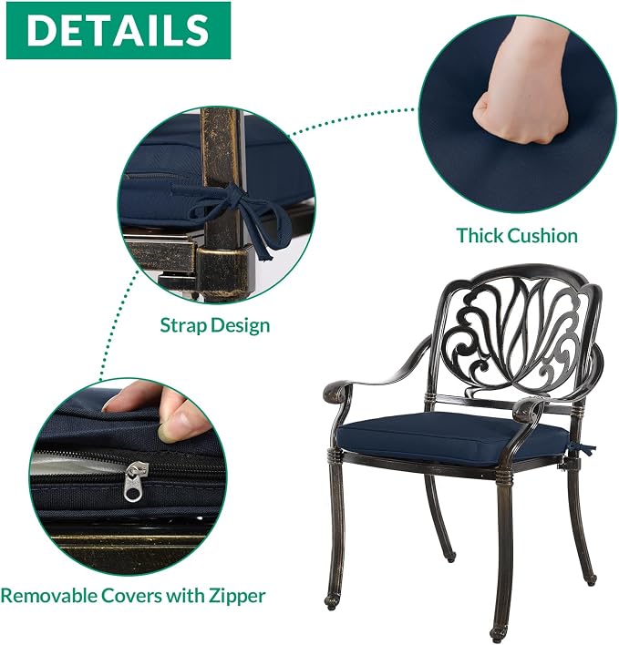 VIVIJASON 3-Piece Patio Bistro Sets, All-Weather Cast Aluminum Bistro Table Set Outdoor Patio Furniture, Include 2 Cushioned Chairs and 35.4" Round Table, 2" Umbrella Hole, Navy Blue Cushion