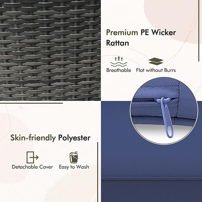 Tangkula 3-Piece Patio Furniture Set, PE Wicker Conversation Bistro Set w/A Tempered Glass Table & 2 Cushioned Chairs, Outdoor Table & Chairs Set for Patio Porch Yard Garden (Mix Gray+Navy)