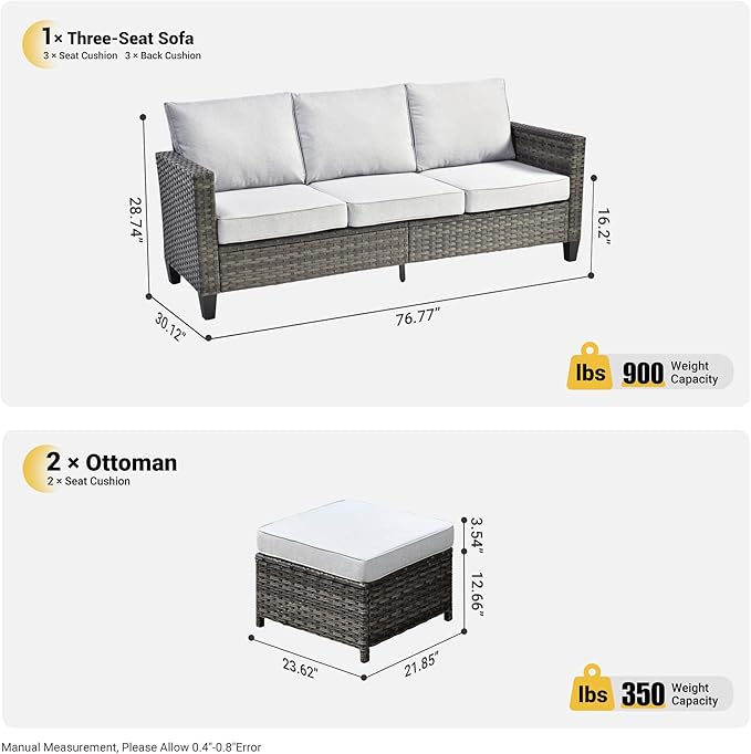 ovios 3 Pieces Patio Furniture Set Outdoor Sofa with Ottomans, Wicker Rattan Couch with Footrests Comfy Cushions, All Weather Sofas Couches for Porch Backyard Garden, Grey