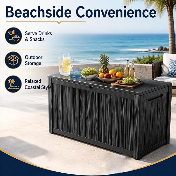 Outdoor Deck Patio Storage Box - 200 Gallon Large Outdoor Deck Box, Plastic Storage Bin with Lid, Outside Toy Box & Pool Storage Container for Cushions, Garden Tools, Towel, Black