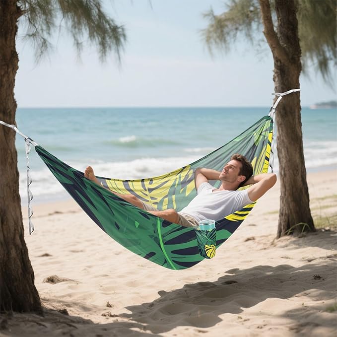 Tropical Leaves Illustration Green Hammocks with Hanging Rope Hanging Hammock for Indoor Outdoor Patio