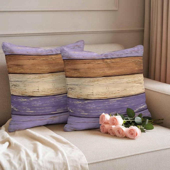 Farmhouse Purple Brown Outdoor Waterproof Pillow Covers, Vintage Wooden Striped Decorative Square Throw Pillowcase Sofa Cushion Sham for Patio/Couch/Chair, 26"x26" 2 Pack