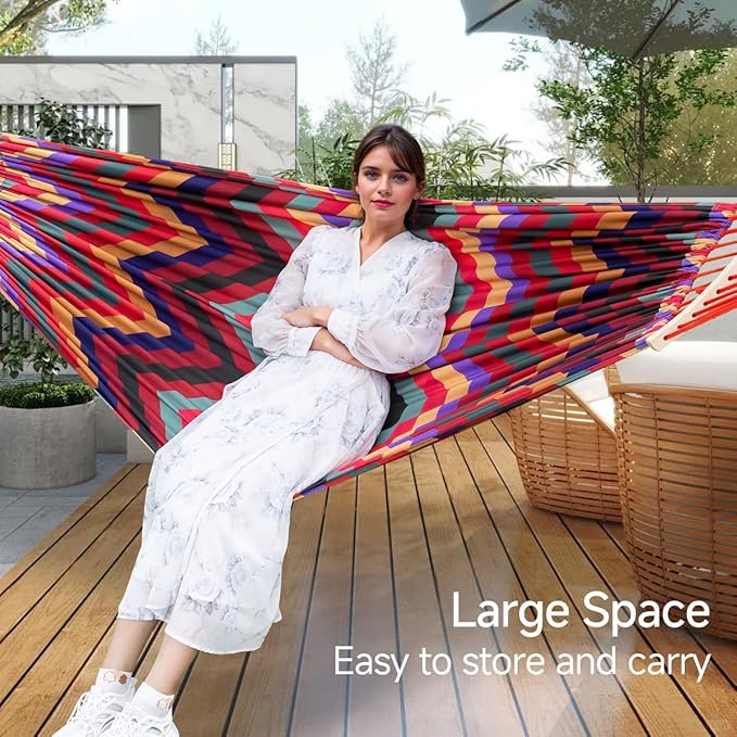 Double Hammock 9.5FT Extra Large Hammock with Carrying Bag - 2 Persons Hammock Portable Hanging Camping Bed for Patio, Backyard, Porch, Outdoor and Indoor Use - Soft Cotton, 290x145cm