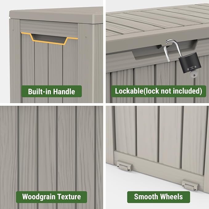 Mars Villa 72 Gallon Deck Box, Outdoor Storage Box Waterproof, Outside Resin Storage Bin for Patio Furniture Cushion, Pool Supply, Garden Tool, UV-Resistant and Weatherproof, with 4 Wheels, Greige