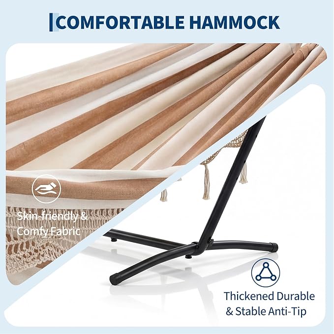 Portable 2-Person Hammock with Heavy-Duty Steel Stand & Lace Detailing, Supports Up to 450 LBS – Perfect for Outdoor Patio, Backyard & Poolside Lounging, No-Tool Quick Assembly