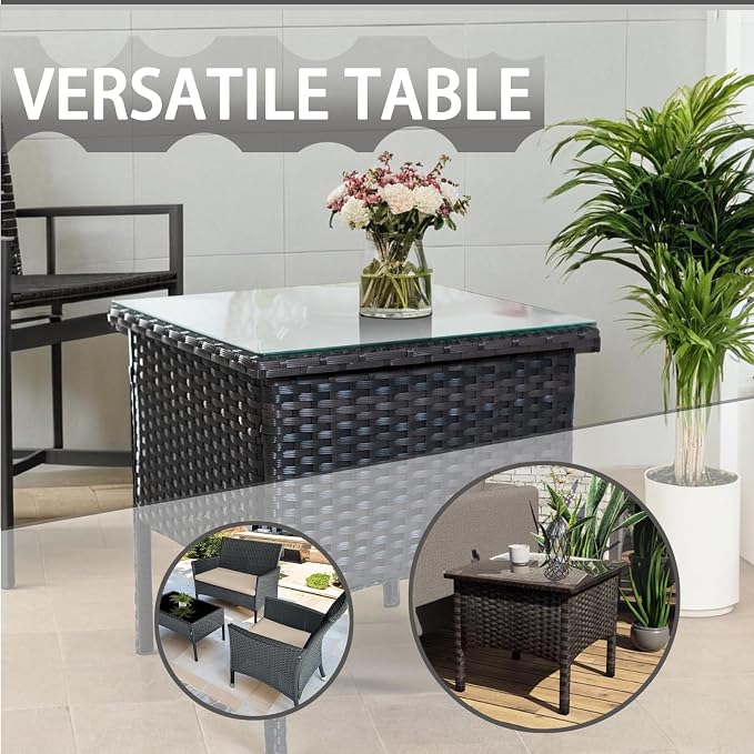 Outdoor Patio Wicker Table,Rattan Side Table,Modern Patio End Side Table with Glass Countertop and Storage Space,for Porch Garden Balcony