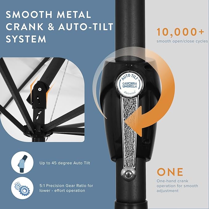 California Umbrella 8-Year Protection 9 Ft Outdoor Patio Umbrella, Solstice Fade-Resistant Fabric, Auto-Tilt, Heavy Duty Aluminum Frame, 8 Reinforced Ribs for Pool or Deck, Black Pole, Black