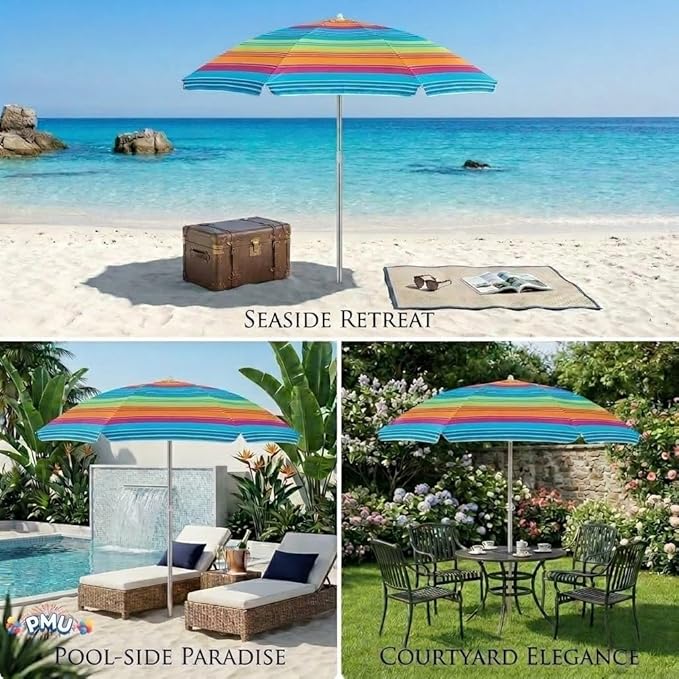PMU 6 Pcs 6ft Multicolored Beach Umbrella – Vibrant Rainbow Stripe Design, 72in Open, 160G Polyester, Large Outdoor Patio Pool Parasol Umbrella for Garden, Deck, Backyard & Pool