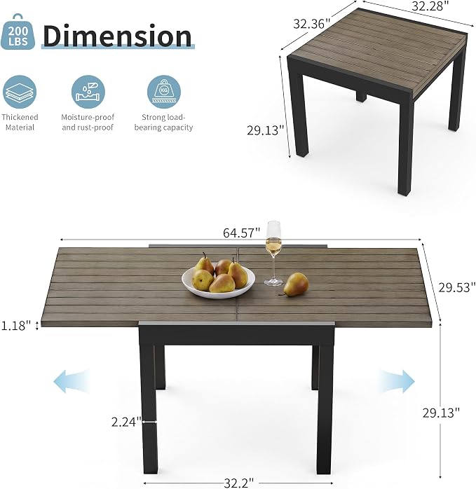 Expandable Patio Dining Table for 4-6 Person, Aluminum Extendable Outdoor Table, 32"-65" Adjustable Patio Table, Square/Rectangular Outdoor Accent Table for Garden, Backyard, Poolside, Gray