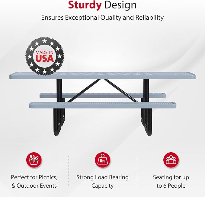 Leisure Craft Metal Picnic Table with Bench - 8 ft Rectangle Outdoor Dining Table with Umbrella Hole, Heavy Duty Thermoplastic Coating, ADA Compliant, Commercial Grade Furniture Made in USA - Gray