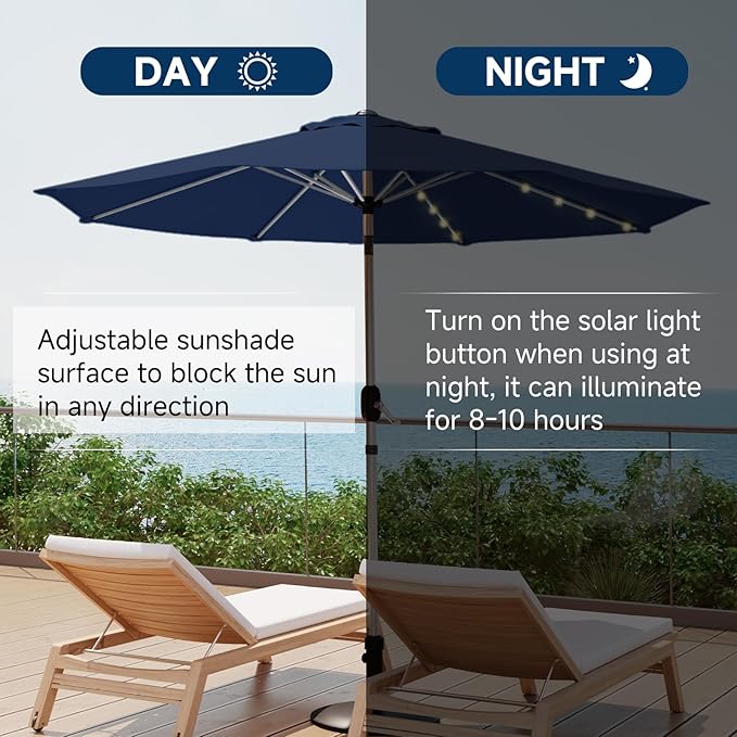 10FT 40-LED Solar Lighted Aluminum Patio Umbrella, Fade-Resistant Outdoor Market Table Umbrella with Push Button Tilt Function, 8 Sturdy All-Aluminum Ribs for Gardens, Decks, Backyards & Pools