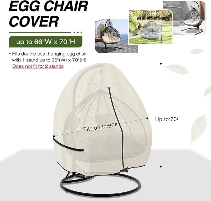 Porch Shield Patio Hanging Egg Chair Cover - 600D Waterproof Outdoor Double Seat Wicker Swing Egg Chair with Stand Protector, Beige