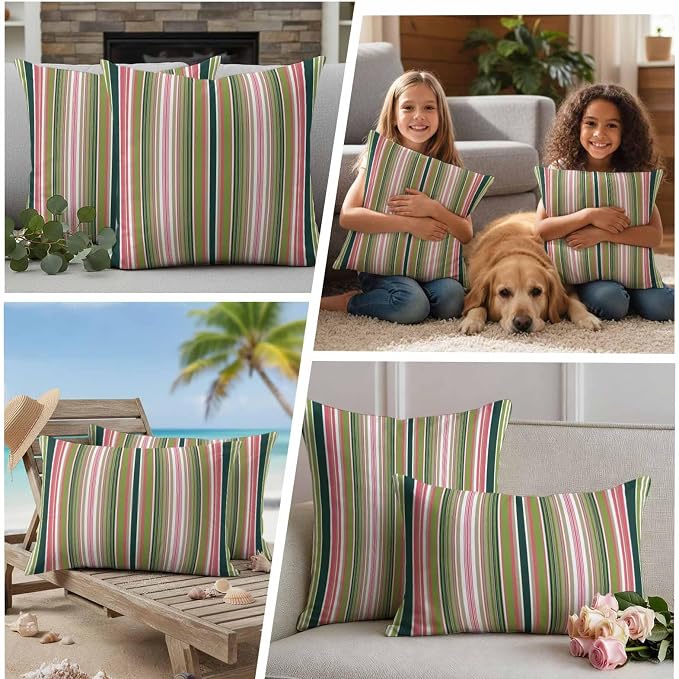 Outdoor Waterproof Throw Pillow Covers Set of 2 Sage Green Striped Lumbar Pillowcases 20x12 Inches Geometric Pink Stripes Decorative Pillows Cushion Case Patio Pillows for Couch Bed Chair Garden