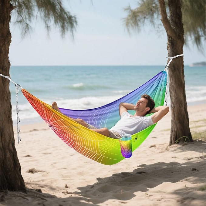 Hammocks for Outside Colorful Spiders Webs Camping Hammock Portable Hammocks with Tree Straps and Carry Bag Camping Accessories for Hiking Beach Outdoor