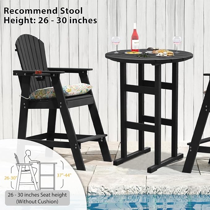 Sundale Outdoor Adirondack Round Bar Table, 39 Inch Height Patio Large Pub Table for 4, All Weather HDPE High Top Bistro Counter Table for Outside Deck Porch Balcony Poolside, Black