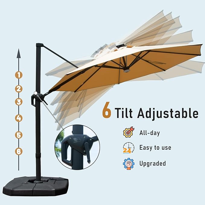 Domi 10FT Cantilever Patio Umbrella Solar Powered LED Round Deluxe Offset Umbrella, Aluminum Hanging Umbrella with 360°Rotation, Outdoor Market Umbrella for Outside Deck Backyard Garden Pool, Beige