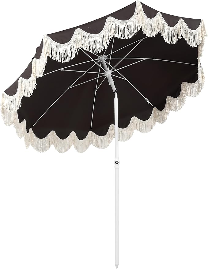 JONATHAN Y Mariner 6.5 ft. Beach Umbrella, Black Solid with Fringe, Push-Button Tilt, UPF 50+ Sun Protection and Carrying Bag for Patio and Pool, White Pole UMB1005R