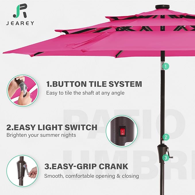 JEAREY 3 Tiers Patio Umbrella with Solar Lights 9ft Outdoor Market Table Umbrellas with Push Button Tilt for Outside Pool Garden, Pink