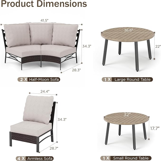PHI VILLA Outdoor Patio Furniture Set 10 Piece, Half-Moon Sectional Patio Conversation Sets for 8 Persons with 2 Round Table for Garden, Poolside, Balcony, Backyard