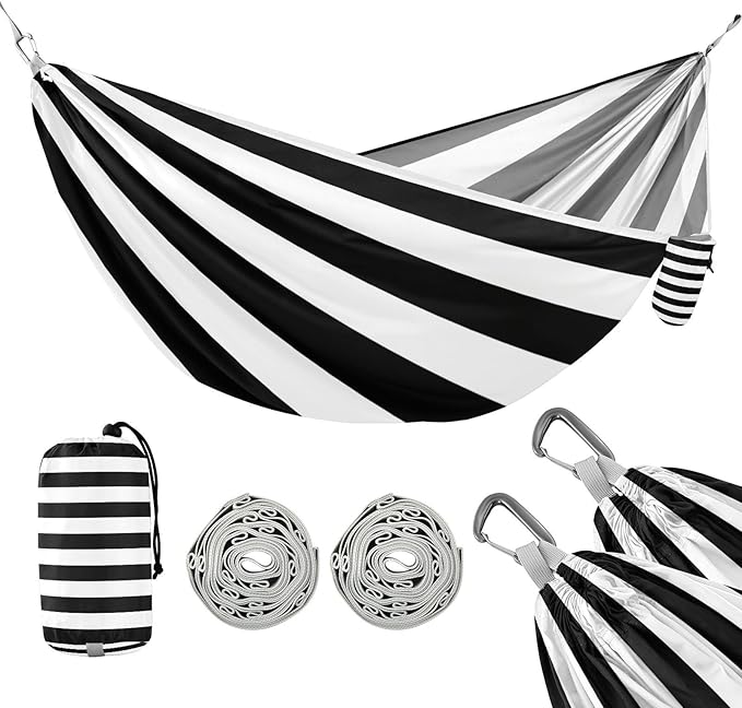 Black White Stripes Camping Hammock, Portable Lightweight Single Hammock with Tree Straps and Aluminum Carabiners, 114" x 54" Travel Hammock for Hiking Backpacking Beach