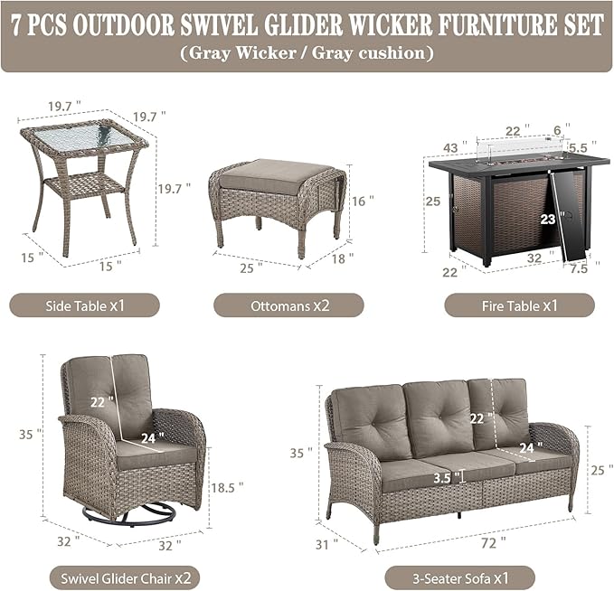 Belord 8 Piece Patio Furniture Set with 43" Fire Pit Table - Wicker Patio Conversation Set with Swivel Rocker Chairs and Sofa for Deck Outside Backyard Gray