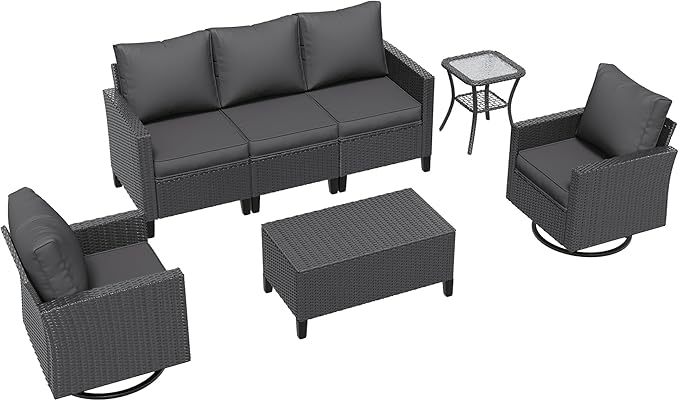 Amopatio Patio Furniture Set, 5-Piece Wicker Outdoor Sectional Sofa with Swivel Rocker Chairs, Rattan Conversation Set with Storage Coffee Table and Waterproof Cover for Backyard Black/Dark Grey