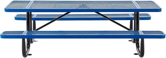 Global Industrial 8’L Rectangular Picnic Table, Expanded Metal, Blue Thermoplastic Coating, Attached Benches, 1-1/2” Umbrella Pole Hole, Outdoor-Rated, 1000 lb Capacity, 96” x 30” Tabletop