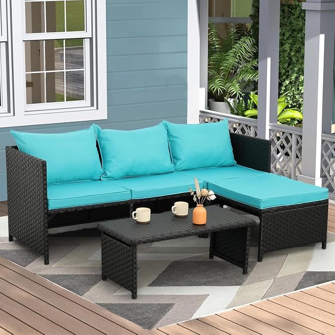 3-Piece Outdoor PE Rattan Furniture Set Patio Black Wicker Conversation Loveseat Sofa Sectional Couch Turquoise Cushion(Green)