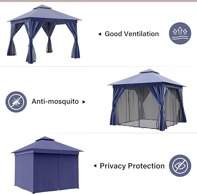 LAUSAINT HOME 10'x10' Outdoor Gazebo, Metal Frame Heavy Duty Patio Canopy Tent Shelter with Double Roofs, Mosquito Nettings and Privacy Screens for Backyard, Garden, Lawn, Navy Blue
