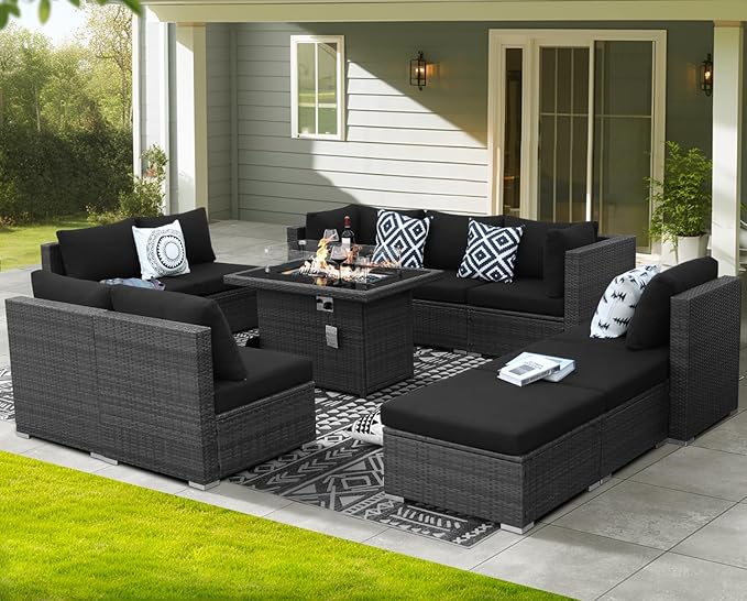 NICESOUL 11 Piece Outdoor Furniture Set w/Fireplace, Luxury Patio Sectional, Chill 29.3'' High-Back Backyard Seating Area, All-Weather Rattan Couch Set, Modular Sofa for Outside, Deck, Grey & Black