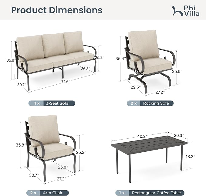 PHI VILLA Patio Furniture Set, 3-Seater Sofa, 2 Fixed Chairs, 2 Rocking Chairs and a Coffee Table, Outdoor Metal Conversation Set with 5.75" Extra Thick Cushion for Garden Backyard Deck, Beige