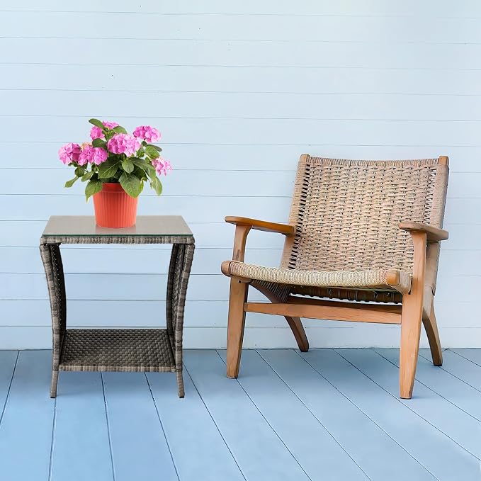 Wicker Rattan Side Table, Outdoor Square Rattan Coffee Table End Table Patio Wicker Table with Tempered Glass Top and Storage for Garden Porch Deck Backyard (Gray)