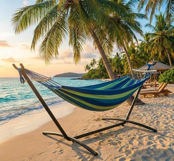 Double Hammocks with Stand for Outside, Heavy Duty Portable Outdoor Hammock with 6 Adjustable Height, 450 LBS Weight Capacity, Perfect for Outdoor Indoor Patio Backyard Garden