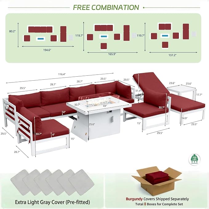 RADIATA 7 Person Modern Aluminum Outdoor Patio Furniture Set with Chaise & Firepit Table, 29 inch Wide Deep Seat, All Weather Modular Sectional Couch, Oversized Conversation Set for Garden Deck, Red