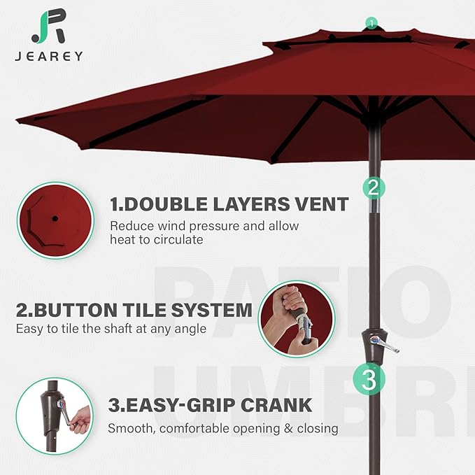 JEAREY 9 ft 2-Tiers Patio Umbrellas Outdoor Table Market Umbrella w/Push Button Tilt/Crank, 8 Sturdy Ribs, UV Protection Waterproof Sunproof(Red)