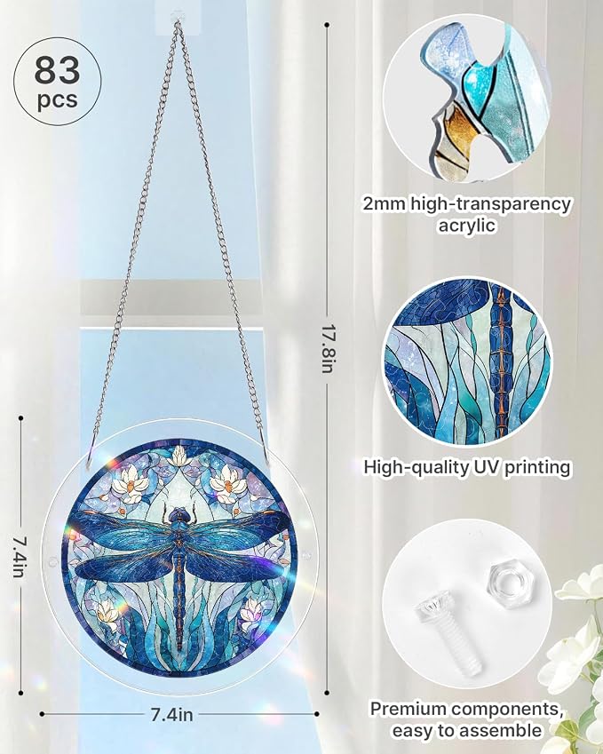 Acrylic Puzzle Suncatcher 83 Pieces, Moonlit Dragonfly Sun Catchers Puzzle, DIY SunCatchers Puzzles Window Hanging, Home & Garden Decor, Gifts for Family and Friends, 7.4 in