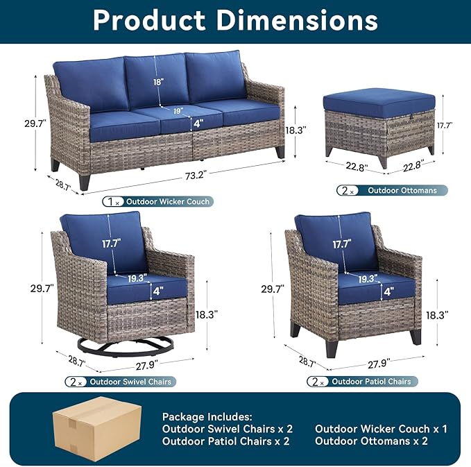 7 Piece Outdoor Patio Furniture Set-All Weather Outdoor Conversation Sets Sectional Sofa with Wicker Swivel Rocker Patio Chairs,Thick Cushions Ottomans for Porch Balcony Patio Deck Grey/Blue
