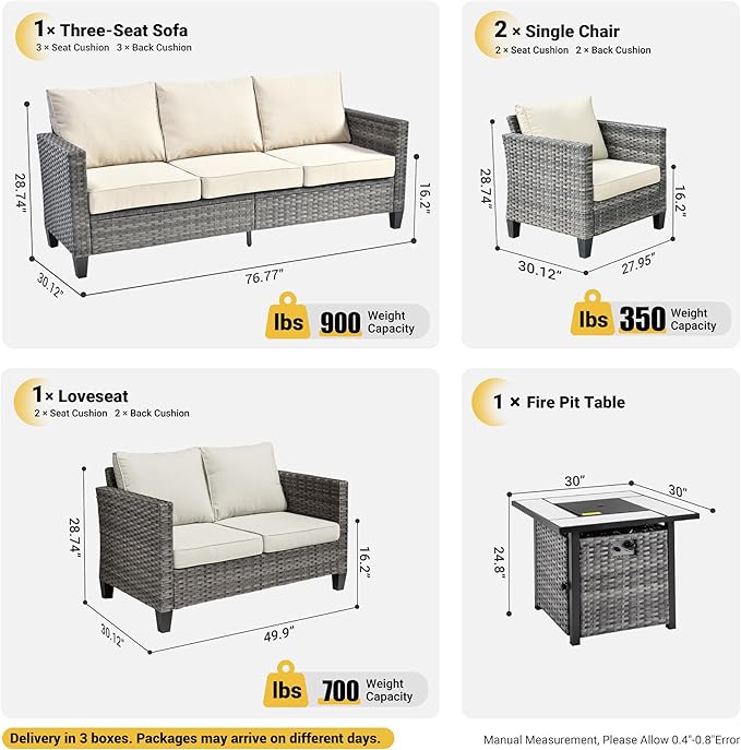 ovios 5 Pieces Patio Furniture Set, Outdoor Wicker Rattan Sofa Couch with 30" Fire Pit Table, Loveseat Chairs, Conversation Sets for Yard Porch Garden, Beige