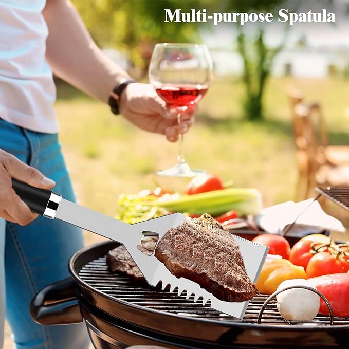 ROMANTICIST 25pcs Extra Thick BBQ Grill Accessories, Father's Day Grilling Gifts Set for Men Dad, Heavy Duty Grill Tools Utensils Kit with Spatula, Tongs in Aluminum Case for Birthday Black