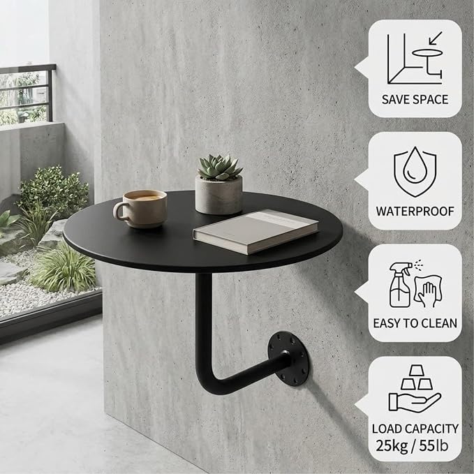 Wall Mounted Round Table, 12-20in Bar Table with L-Type Bracket, Floating Side Table for Indoor/Outdoor Use, 25kg Load Capacity