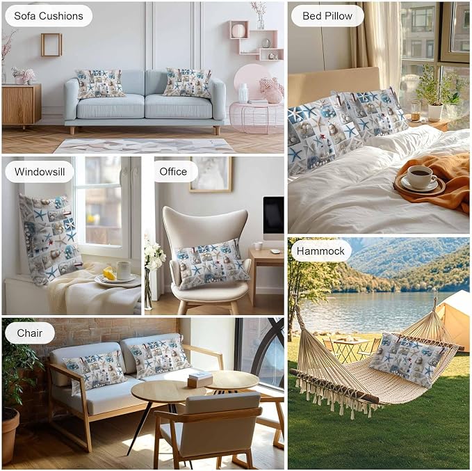Summer Coastal Grid Outdoor Throw Pillow Cover Ocean Starfish Lighthouse Pearl Waterproof Cushion Covers 2 Pack Nautical Pillow Cases Home Decoration for Patio Garden Couch Sofa 20x12In