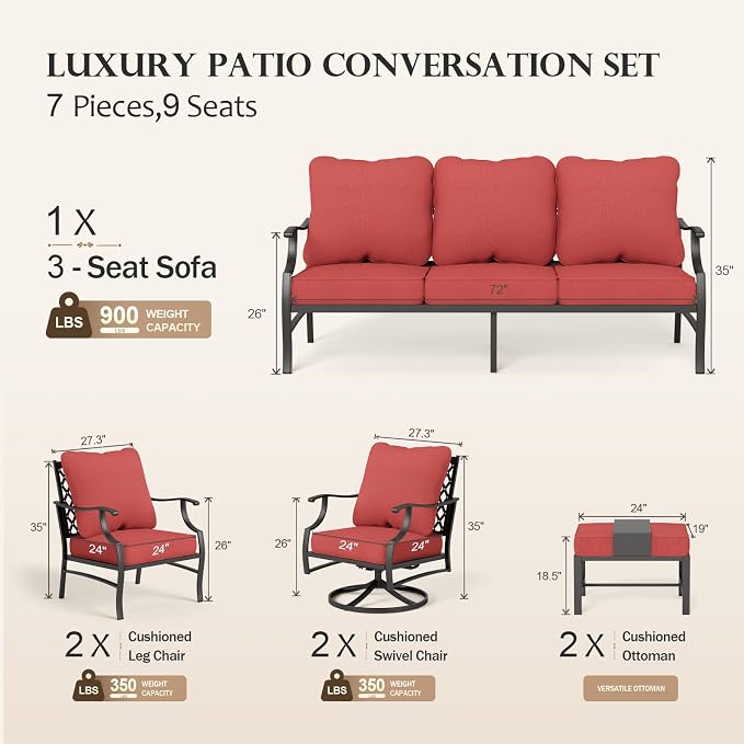HERA'S HOUSE 7 Piece Patio Furniture Set, 2 x Swivel Chair, 2 x Leg Chair, 2 x Ottoman, 1 x 3-Seat Sofa, All Cushioned 9 Seats Metal Outdoor Conversation Set for Lawn Garden Backyard