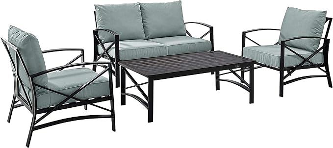 Crosley Furniture Kaplan 4-Piece Outdoor Loveseat Patio Furniture Set, Conversation Sets for Porch, Deck, Oiled Bronze with Mist Cushions