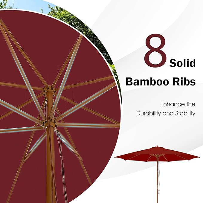 Giantex 10FT Patio Umbrella, Outdoor Table Market Umbrella with 8 Bamboo Ribs, Pulley Lift and Ventilation Hole, Outdoor Sunshade Umbrella for Poolside Backyard Beach