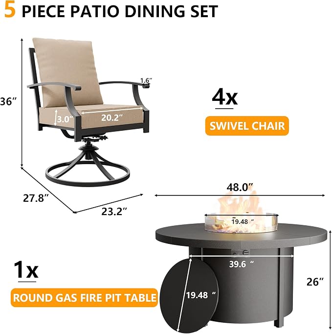 5 Piece Metal Outdoor Patio Furniture Set with 48" Round Propane Fire Pit, Outdoor Dining Table Set with 4 Swivel Chairs and 55000 BTU Outdoor Fire Pit, Sand
