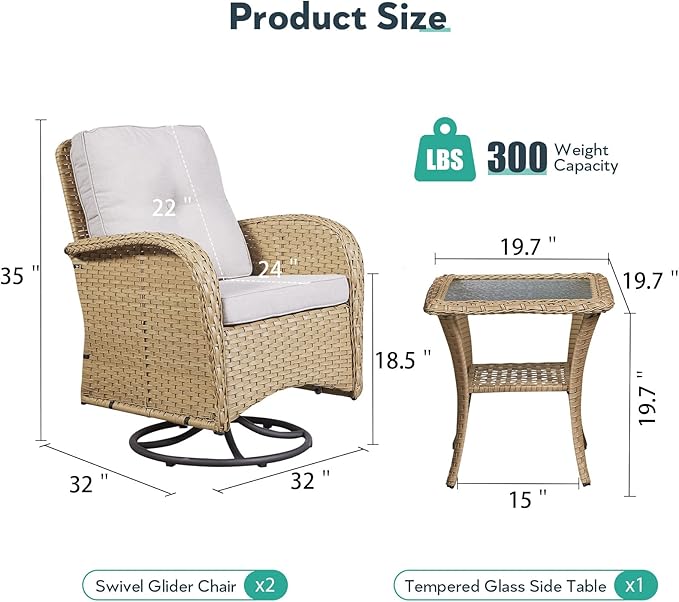 Outdoor Rocker Swivel Glider Chair - 3 Piece Wicker Patio Furniture Set, All Weather Patio Bistro Set with Glass Side Table for Balcony Porch Deck Backyard - Yellow Wicker Beige Cushion