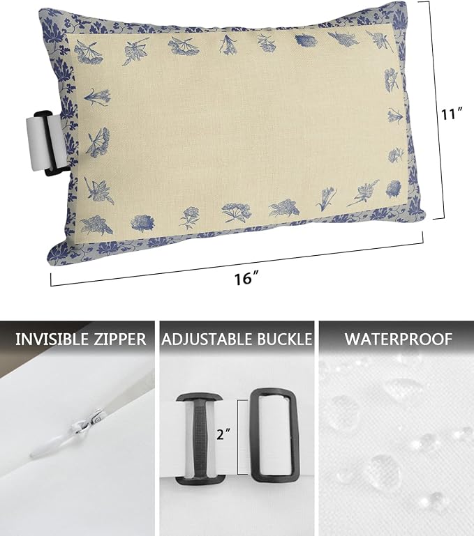 Outdoor Pillows Covers with Inserts Retro Porcelain Blue Flower Floral Waterproof Recliner Pillow with Adjustable Strap Throw Pillows for Patio Furniture Pool Lounge Chair, 11x16 inch, 1PCS