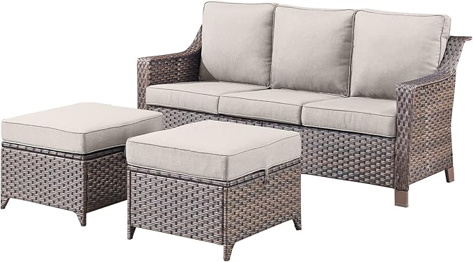 3 Pieces Patio Conversation Sets-All-Weather Wicker Sectional Couch with Ottomans for Deck Balcony Poolside Backyard-Brown/Beige