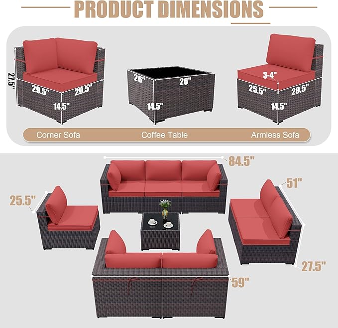 ALAULM 9 Pieces Patio Furniture Set Wicker Patio Conversation Set with 4 Corner Sofas, Outdoor Sectional Furniture w/Coffee Table & Washable Seat Cushions-Red