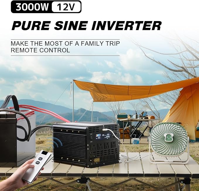 3000 Watt Pure Sine Wave Power Inverter, 12V DC to 110V/120V AC Converter 6000W Peak, with Remote Control LCD, 4 AC Outlets & USB Port & Hardwire Terminal, for Car Truck RV Camping Solar System EPS